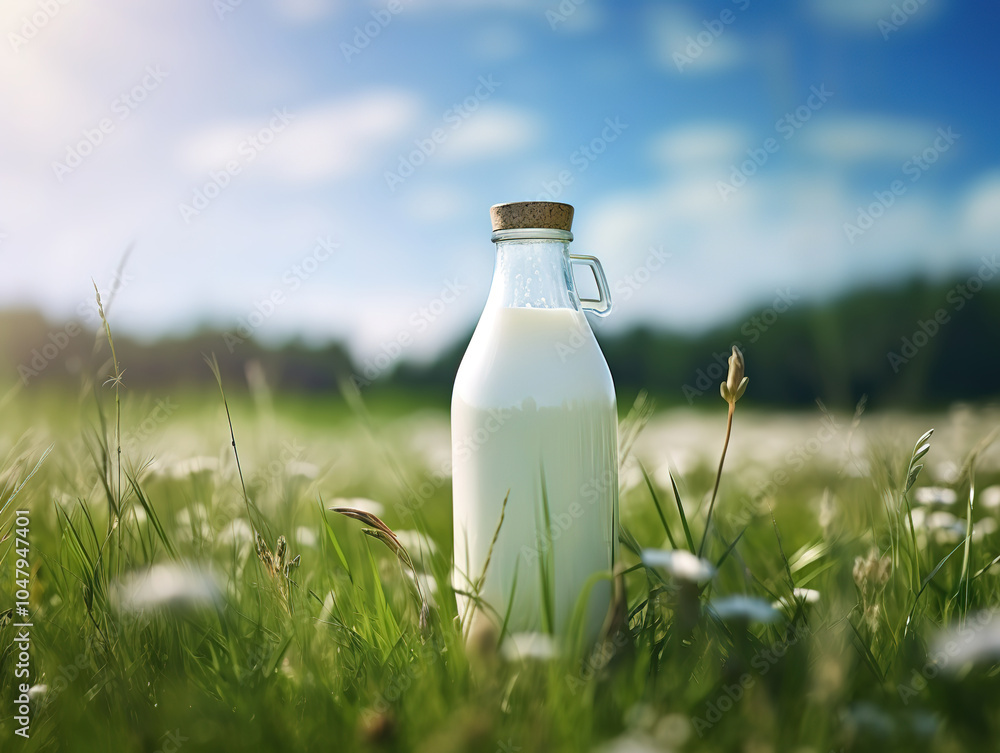 Fresh Milk Bottle in a Green Farm Meadow with Grass and Nature Background Fresh Milk Bottle in a Green Farm Meadow with Grass and Nature Background