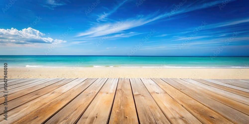 Empty Wooden Deck Overlooking a Pristine Sandy Beach and Tranquil Turquoise Ocean Under a Clear Blue Sky with Wispy Clouds Empty Wooden Deck Overlooking a Pristine Sandy Beach and Tranquil Turquoise Ocean Under a Clear Blue Sky with Wispy Clouds
