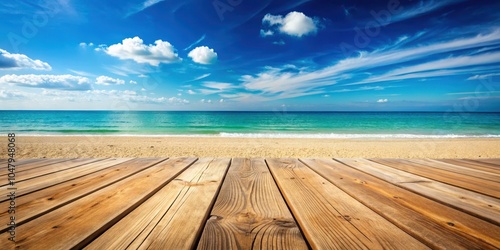Wooden Deck Overlooking a Tranquil Beach with Azure Waters and a Sky Adorned with Fluffy White Clouds