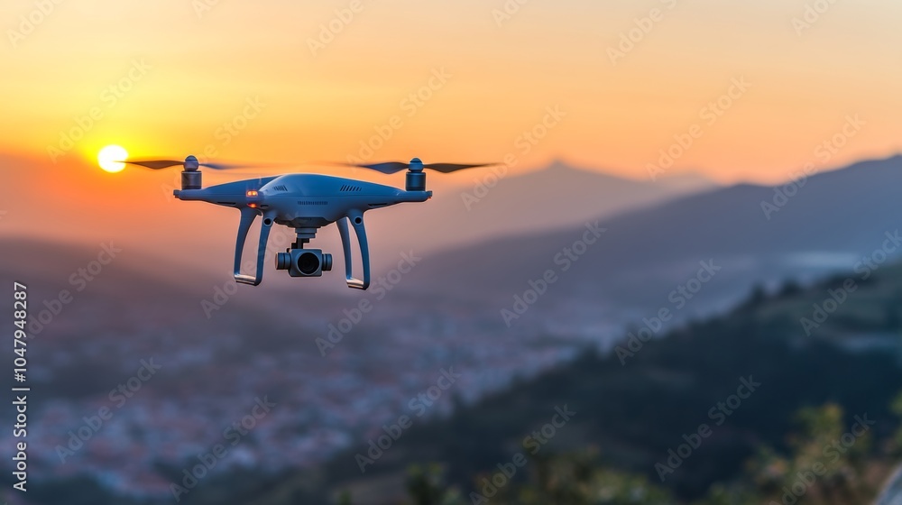 Drone Flying at Sunset Over Hills and Cityscape Drone Flying at Sunset Over Hills and Cityscape