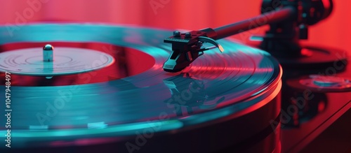 Vinyl Record Playing on Turntable in Neon Light