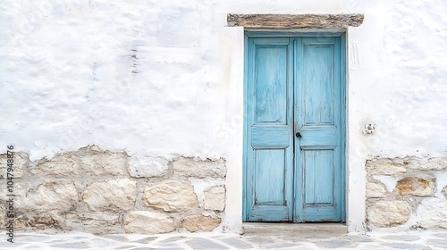 A weathered blue door set against a whitewashed stone wall.