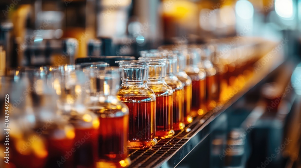 Glass Bottles of Amber Liquid in a Row Glass Bottles of Amber Liquid in a Row