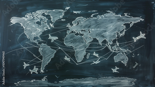 Dotted world map showing global travel routes with airplane icons on dark background