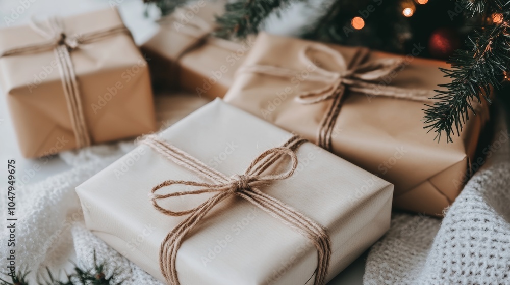 Rustic Christmas Gifts Wrapped in Brown Paper and Twine on Knit Blanket Rustic Christmas Gifts Wrapped in Brown Paper and Twine on Knit Blanket