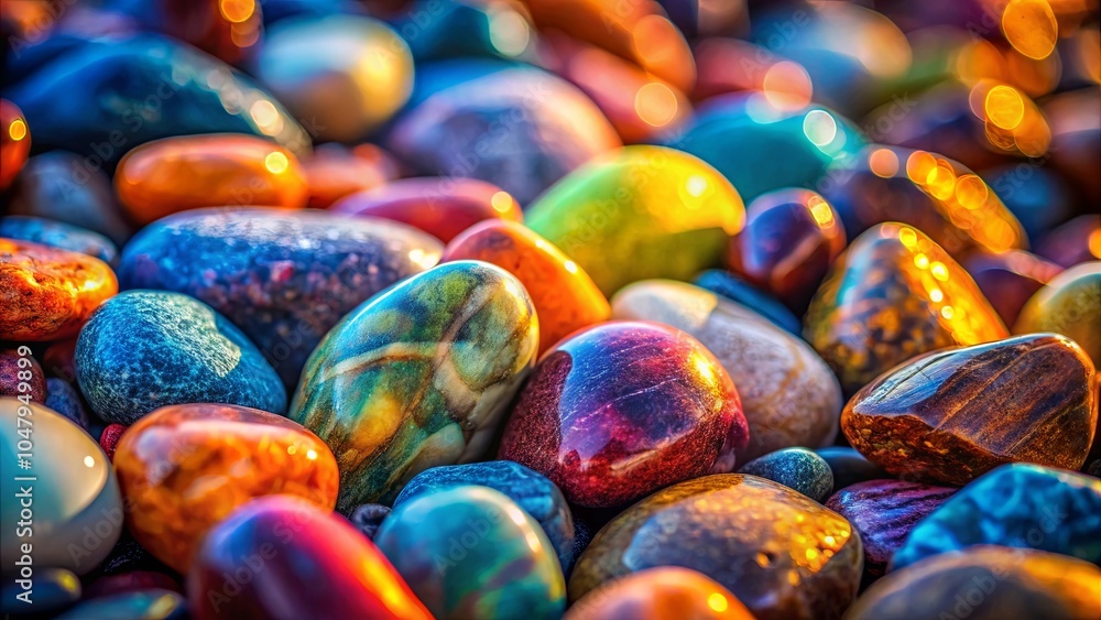 Fototapeta premium A symphony of colors and textures in a cluster of smooth, polished stones, each reflecting the warm glow of the setting sun.