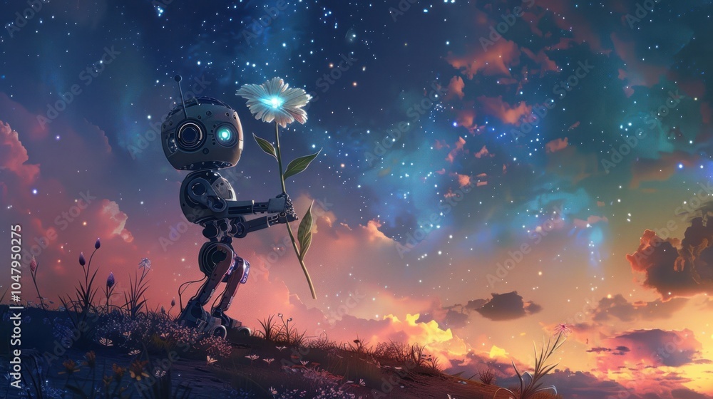 Naklejka premium Romantic robot taking care of flowers under the starry night sky, AI generated image