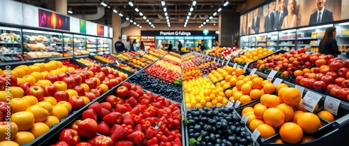 Supermarket Produce Aisle: Colorful Fruits and Vegetables
