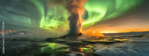 An awe-inspiring perspective of a colossal geyser erupting against a backdrop of a swirling, multicolored aurora borealis, Geyser eruption scene