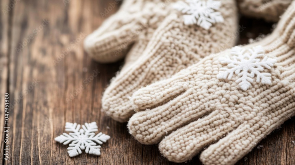 Closeup of knitted woolen gloves, snowflakes resting gently, cozy winter moment Closeup of knitted woolen gloves, snowflakes resting gently, cozy winter moment