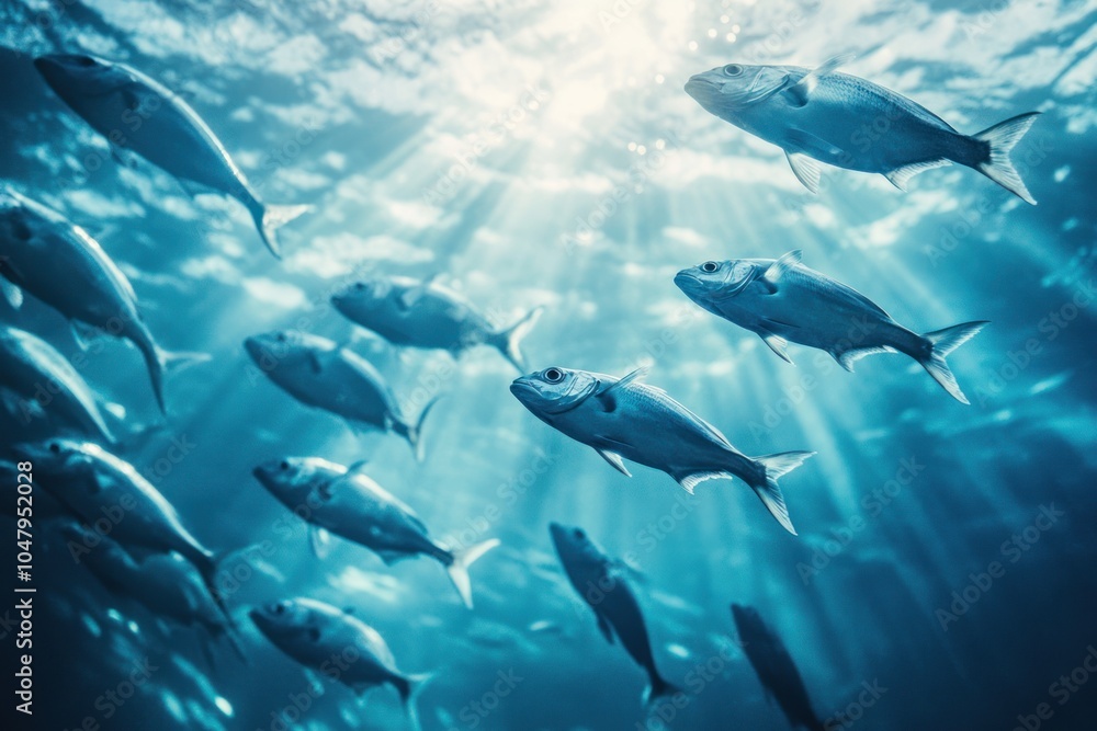 Naklejka premium School of Fish Swimming in Sunbeams