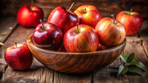 A Rustic Wooden Bowl Overflowing with Red and Yellow Apples, Capturing the Essence of Autumn Harvest