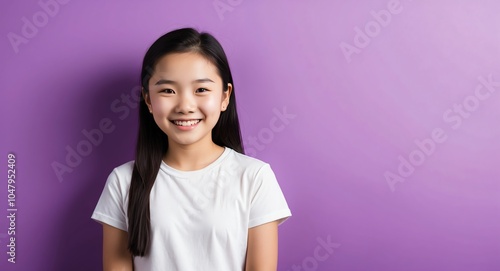 east asian teen girl purple background wearing plain white tshirt smiling happy portrait