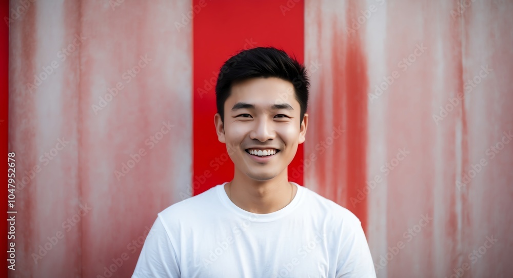 east asian young man red background wearing plain white tshirt smiling happy portrait east asian young man red background wearing plain white tshirt smiling happy portrait