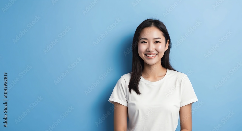 east asian young woman blue background wearing plain white tshirt smiling happy portrait east asian young woman blue background wearing plain white tshirt smiling happy portrait