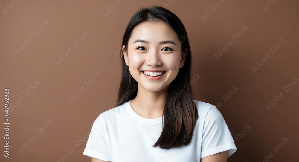 east asian young woman brown background wearing plain white tshirt smiling happy portrait east asian young woman brown background wearing plain white tshirt smiling happy portrait