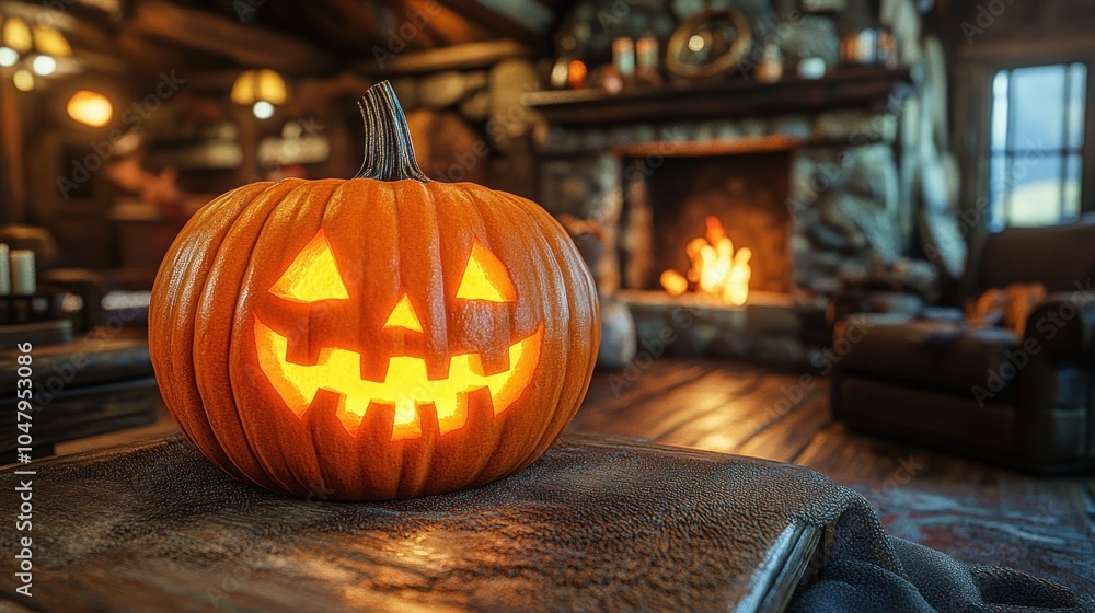 Fototapeta premium A carved pumpkin glowing in a cozy, rustic setting.