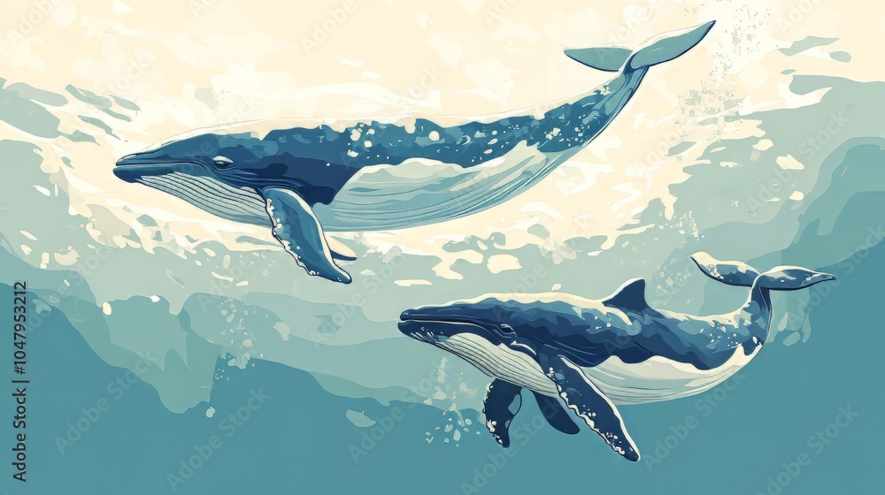 Naklejka premium Whale mother and calf swimming slowly Adobe Illustrator