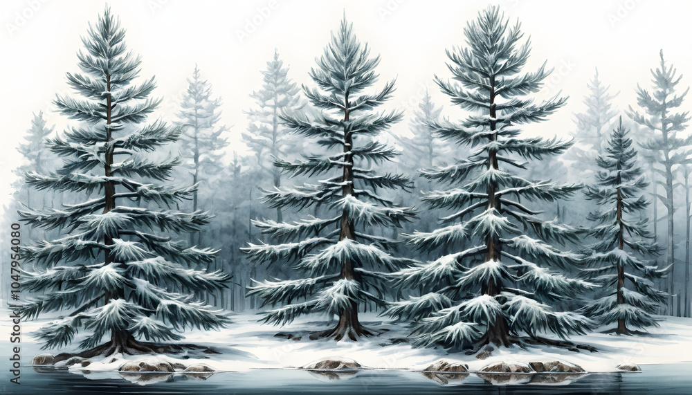 Calm winter scene of snow-covered evergreen trees reflected in a still lake Calm winter scene of snow-covered evergreen trees reflected in a still lake