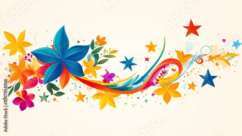 Colorful Floral Design with Stars and Wavy Lines Abstract Background