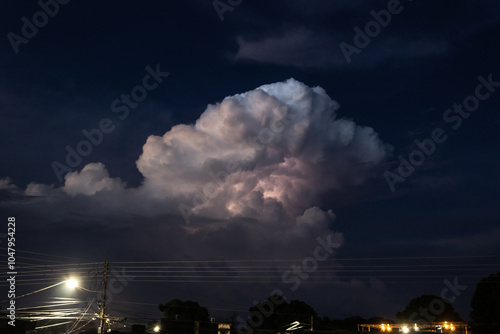 Photography Lightning strike in the night sky with clouds and electricity pole