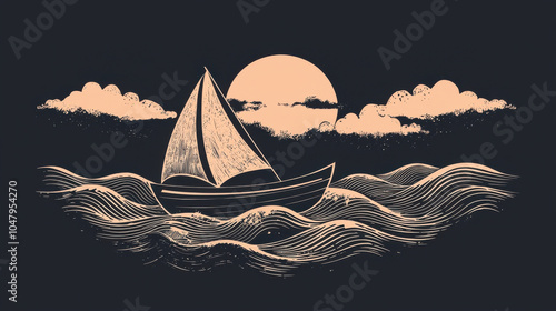 A serene sailing scene with a vintage boat gliding on waves under a sunset with silhouettes of clouds and birds.