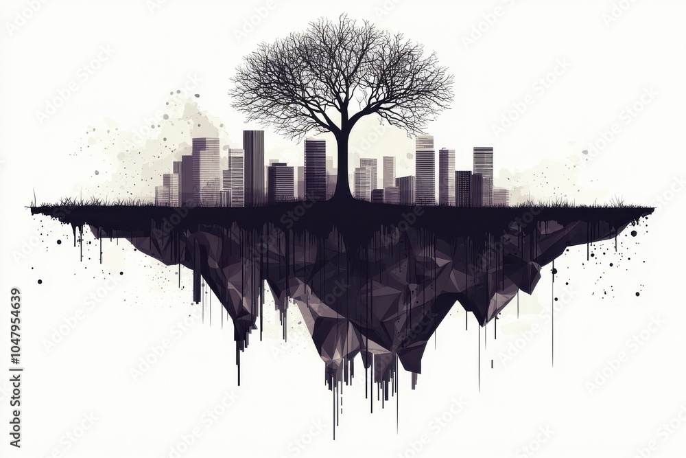 A surreal landscape featuring a solitary tree above a city silhouette on floating earth, blending nature and urban life. A surreal landscape featuring a solitary tree above a city silhouette on floating earth, blending nature and urban life.