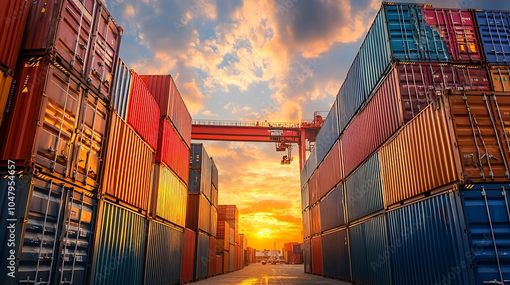Fototapeta premium Stacked Shipping Containers at Sunset.