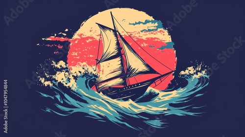 A vintage sailboat navigates through vibrant waves under a stunning sunset. Perfect for travel and adventure themes.