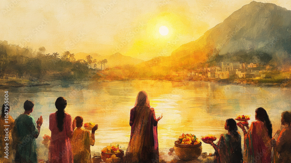 Obraz premium Chhath Puja, illustration of a woman praying by the river, the sun rising behind the mountain creating golden light, people around her holding offerings of flowers and fruit, Ai generated images