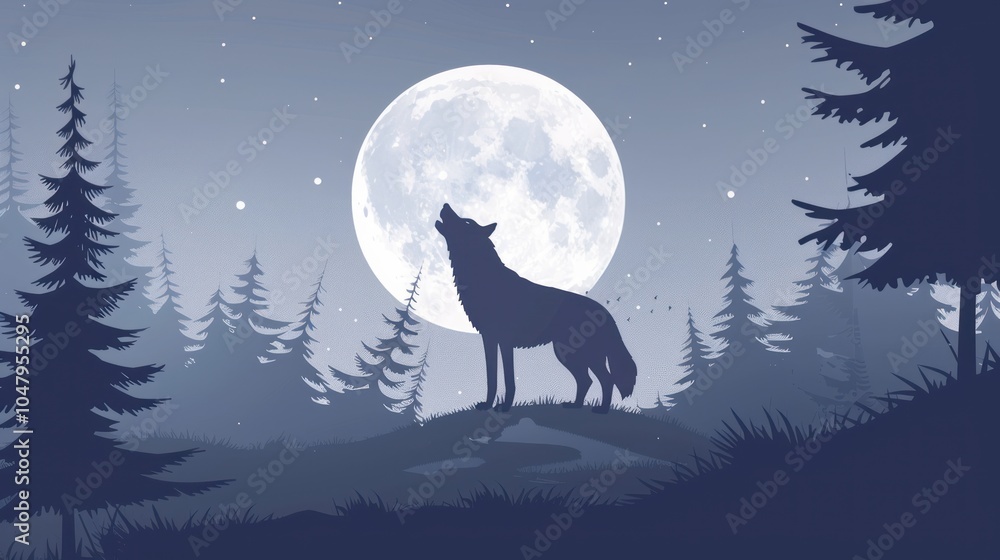 Silhouetted Wolf Howling at the Full Moon in a Forest Silhouetted Wolf Howling at the Full Moon in a Forest