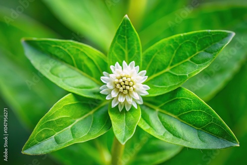 Symmetrical white Bhringraj flower with green leaf, Eclipta prostrata photo