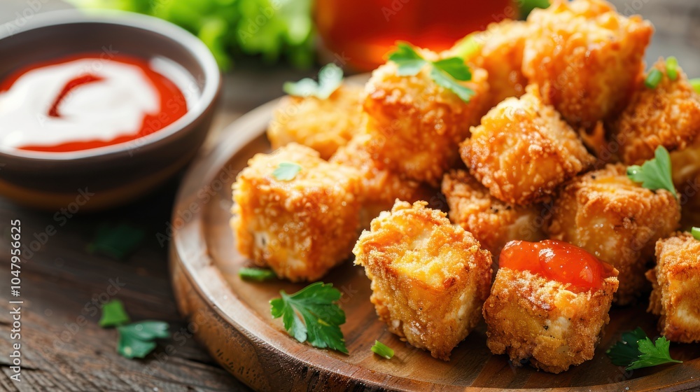Crispy Fried Tofu Cubes with Parsley and Red Sauce Crispy Fried Tofu Cubes with Parsley and Red Sauce