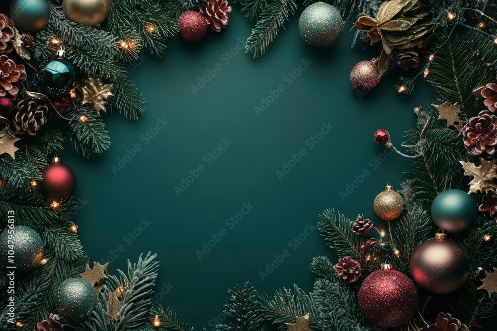 Decorated with ornaments and lights Christmas tree on dark green background. Merry Christmas and Happy Holidays greeting card, frame, banner. New Year. Noel. Winter holiday theme Decorated with ornaments and lights Christmas tree on dark green background. Merry Christmas and Happy Holidays greeting card, frame, banner. New Year. Noel. Winter holiday theme