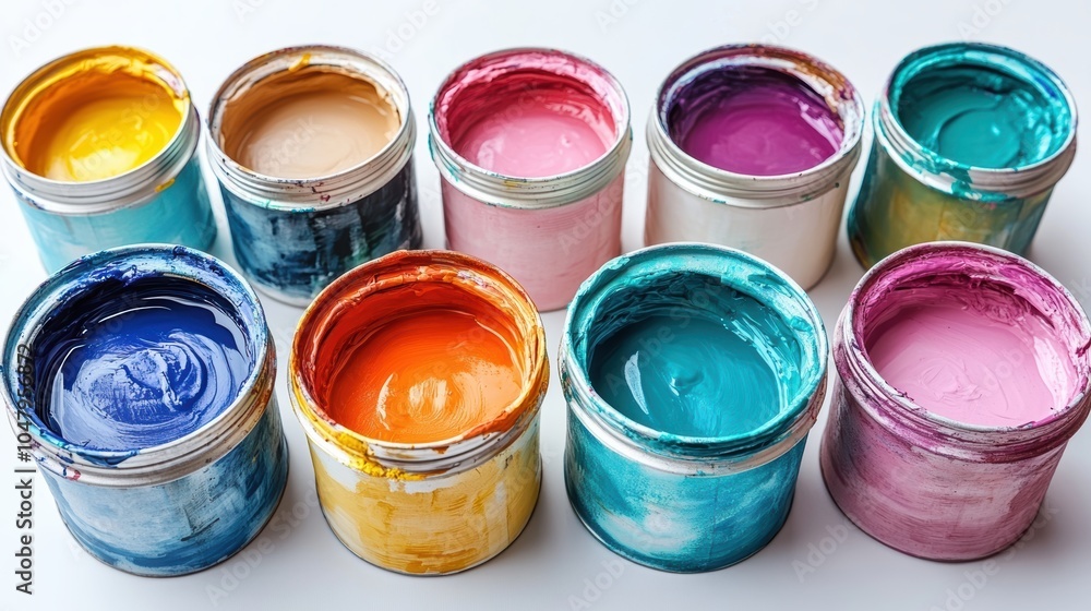 An artistic composition of open metal paint cans in diverse hues, captured in high-quality photography with vibrant details, placed on a white poster background with copy space for design An artistic composition of open metal paint cans in diverse hues, captured in high-quality photography with vibrant details, placed on a white poster background with copy space for design
