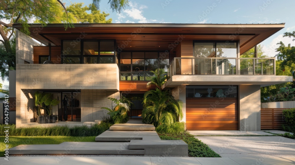 Modern Concrete and Wood Home with Lush Landscaping Modern Concrete and Wood Home with Lush Landscaping