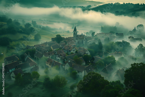 Village foggy there is fog on the hills and mountains, with houses surrounded by green grassland. Ai generative photo