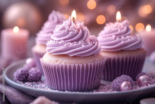 Purple cupcakes with candles. Great for birthday or party themes.