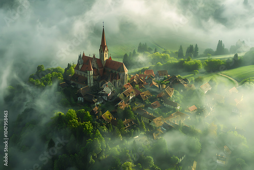 Village foggy there is fog on the hills and mountains, with houses surrounded by green grassland. Ai generative photo