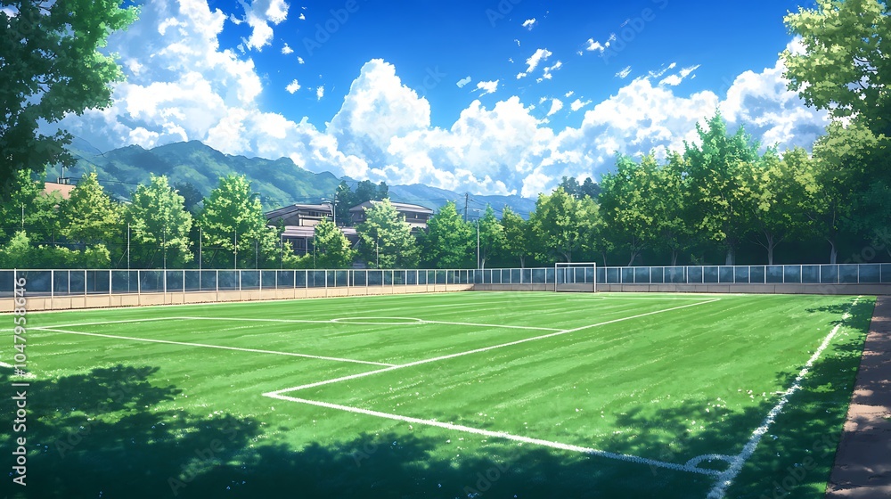 Empty Soccer Field with Green Grass and a Blue Sky, Surrounded by Trees and Mountains. Empty Soccer Field with Green Grass and a Blue Sky, Surrounded by Trees and Mountains.