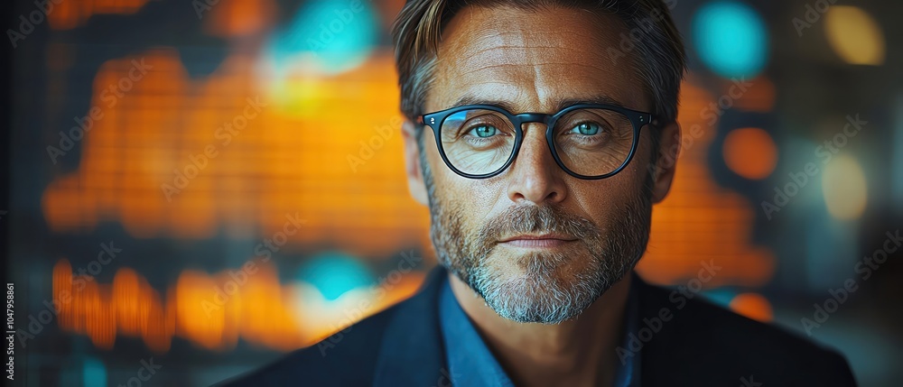 A confident man in a suit and glasses in front of stock market graphs, focused expression, soft background blur A confident man in a suit and glasses in front of stock market graphs, focused expression, soft background blur