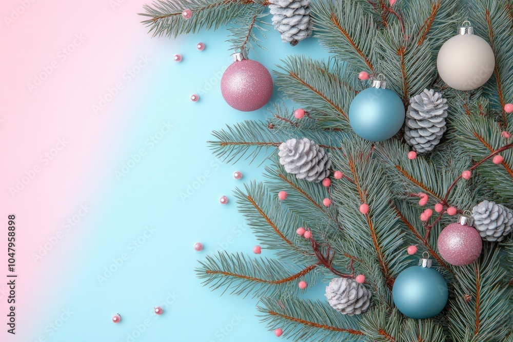New Year Christmas tree toy, branches of a christmas tree, New Year decorations on a colored background New Year Christmas tree toy, branches of a christmas tree, New Year decorations on a colored background