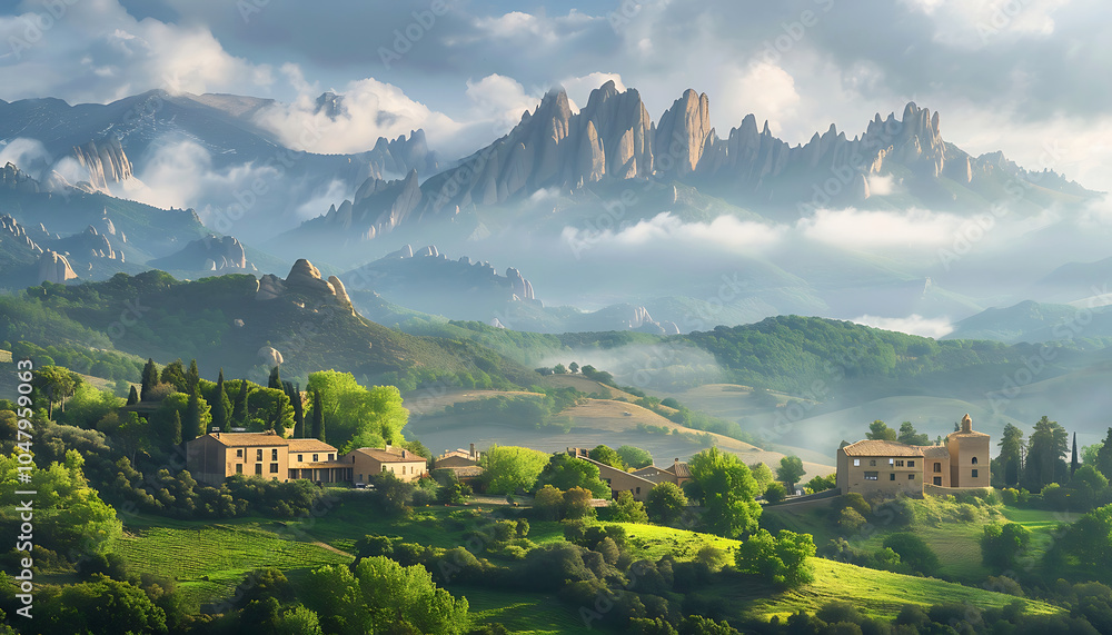 Village foggy there is fog on the hills and mountains, with houses surrounded by green grassland. Ai generative Village foggy there is fog on the hills and mountains, with houses surrounded by green grassland. Ai generative