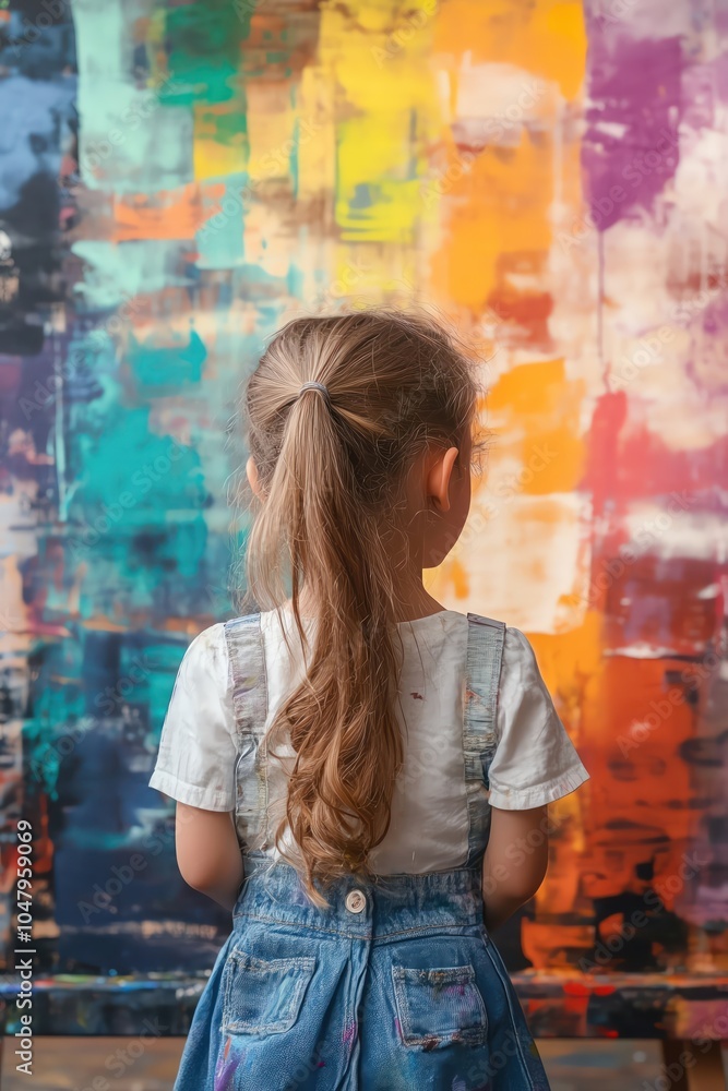 Obraz premium Little girl painting on a large canvas, colorful abstract art in progress