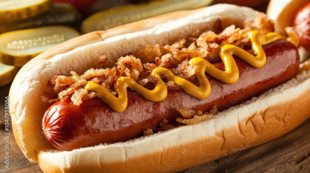A delicious hot dog topped with crispy onions and mustard, served with pickles. A delicious hot dog topped with crispy onions and mustard, served with pickles.