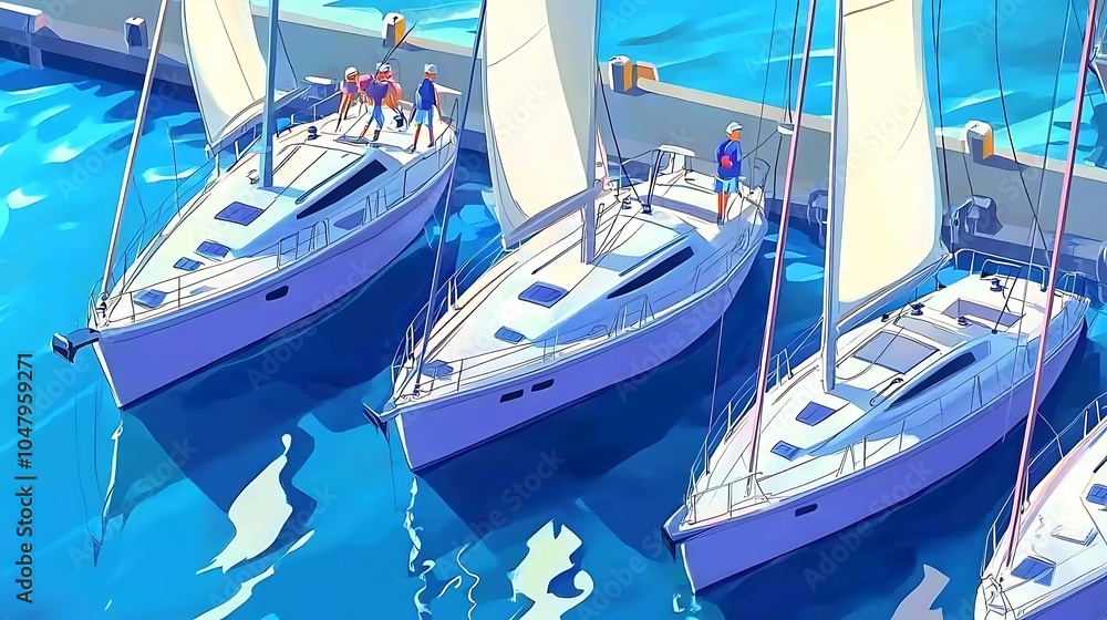 Sailboats docked at a marina, top-down view. Sailboats docked at a marina, top-down view.