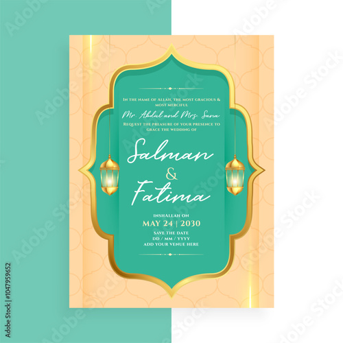 decorative islamic wedding event card template design photo