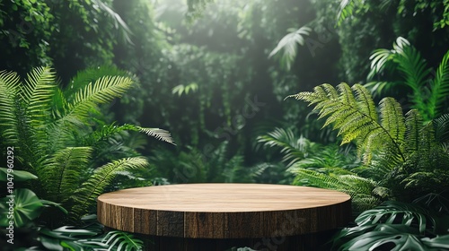 Wooden podium in a lush jungle, surrounded by ferns, soft natural lighting