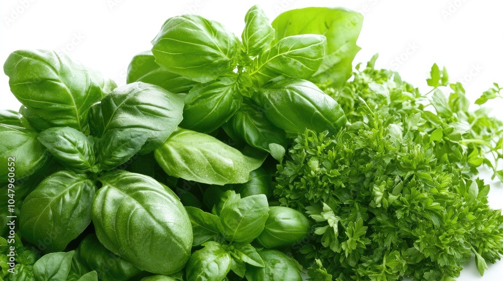 Fresh Green Basil and Herbs on White Background Fresh Green Basil and Herbs on White Background