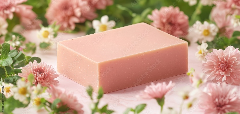 Pink soap bar surrounded by delicate flowers on a soft pastel background. Pink soap bar surrounded by delicate flowers on a soft pastel background.